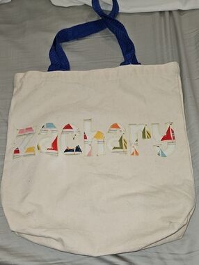 Custom Appliqué Canvas Tote with Blue Handles- Zachary